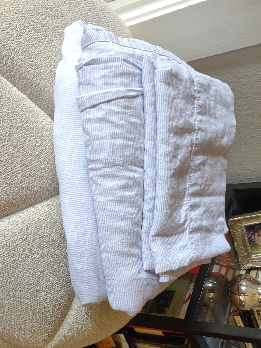 Brooks Brothers Full Size Sheet set. Cotton With Light Blue/Grey/Purple Stripe